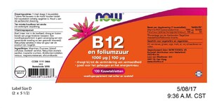 NOW B12 1000mcg en Foliumzuur Kauwtabletten 100ST