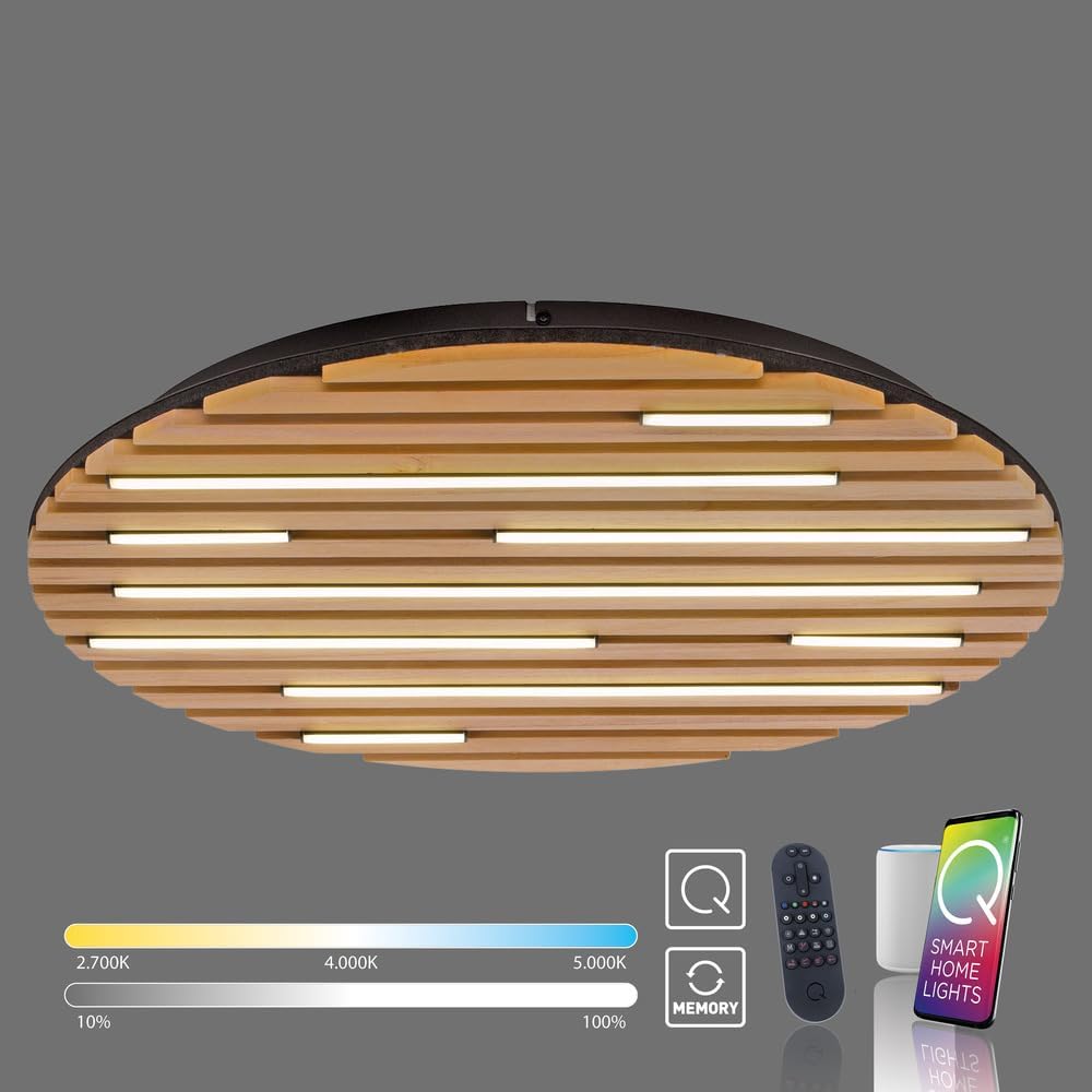 Paul Neuhaus LED Deckenleuchte smarthome Akustik Paneel Echtholzfurnier Eiche natur, Fernbedienung CCT warmweiß – kaltweiß (60cm rund)
