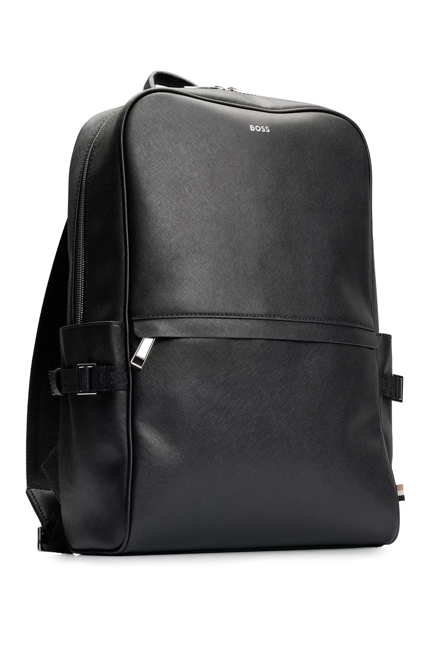 Mochila BOSS preta com listra característica e detalhe do logotipo