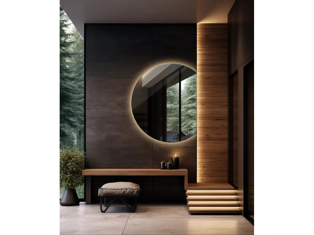 Miroir rond biseauté, miroir moderne avec rétroéclairage LED - 100 cm - Lumière chaude