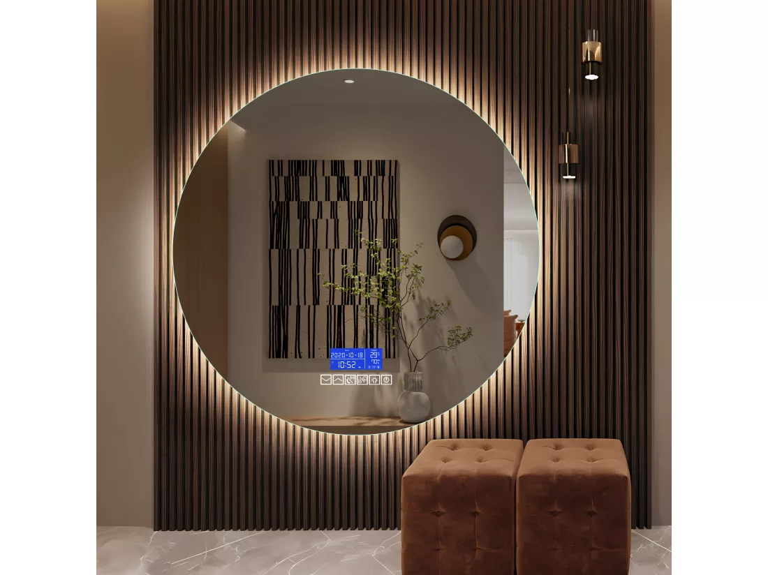 Miroir de salle de bain rond lumineux 100 cm,avec haut-parleur Bluetooth, avec affichage de la température et fonction désembueur, avec éclairage LED, réglage à six boutons, avec interrupteur tactile