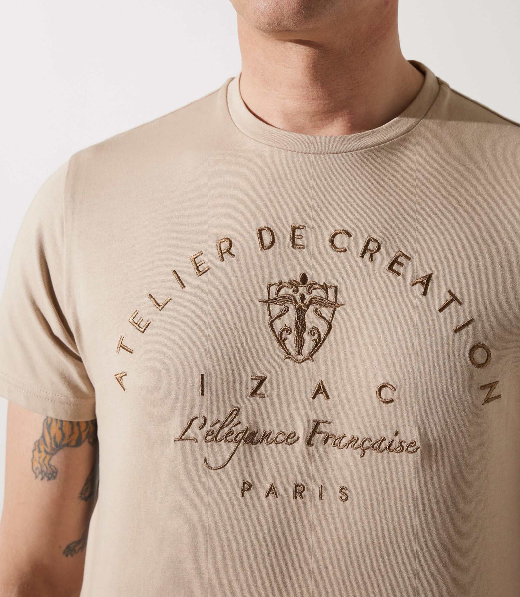 T-shirt col rond brodé beige GUY