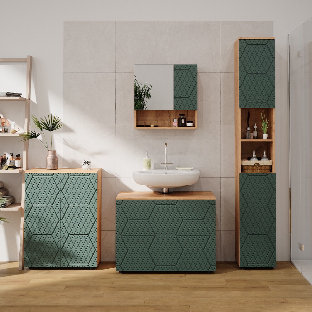 Vicco Badmöbel-Set Irma Eiche Grün 4-teilig Hochschrank Kommode