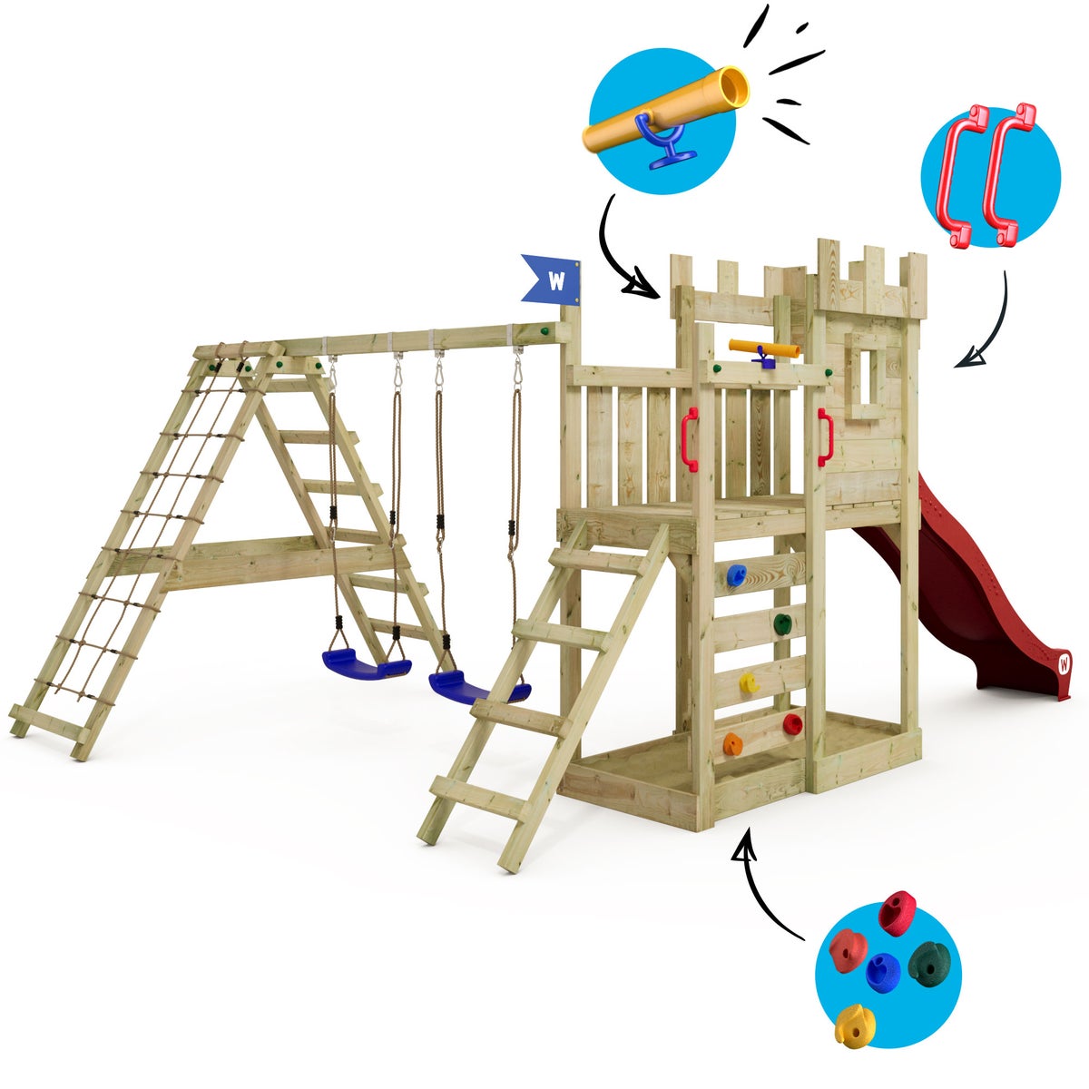 WICKEY GateFlyer speeltoren met klimuitbouw, dubbele schommel en glijbaan - rood