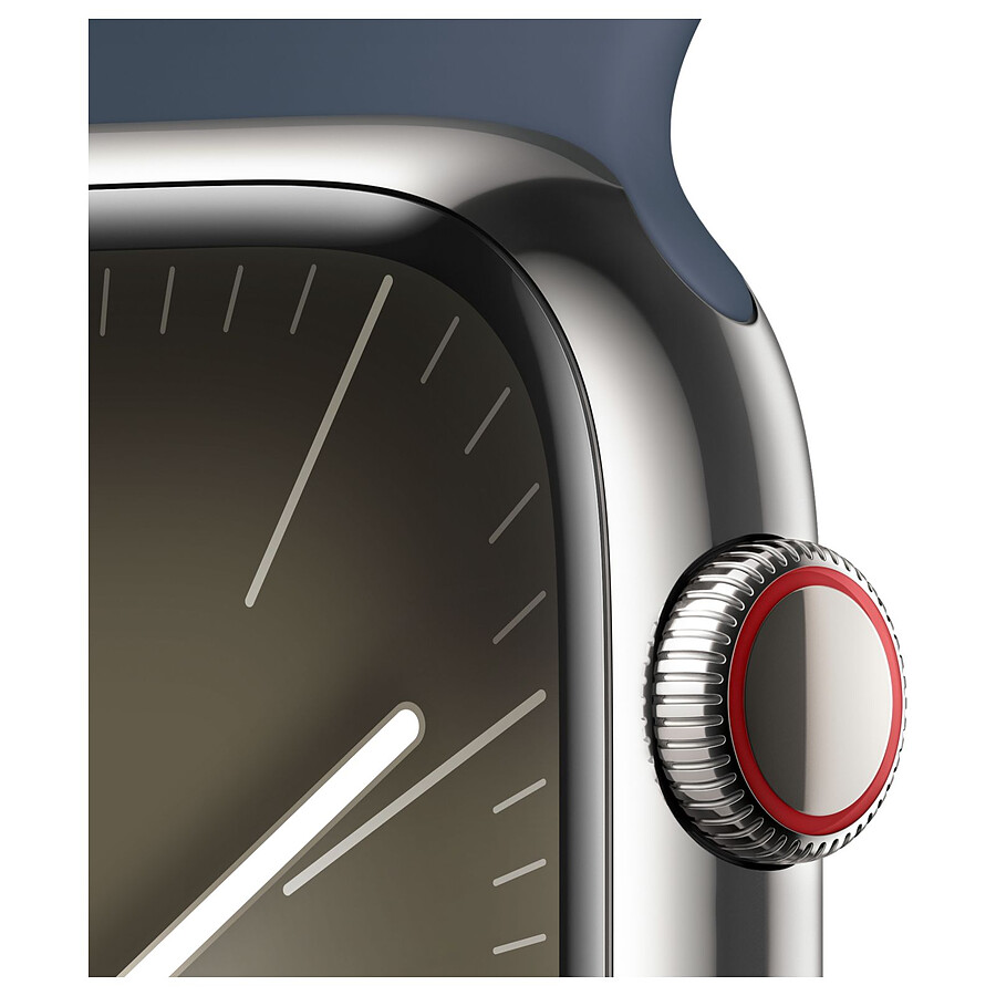 Apple Watch Series 9 GPS + Cellular - Acier Inoxydable Argent - Bracelet Sport Band Bleu - 41 mm - Taille M/L