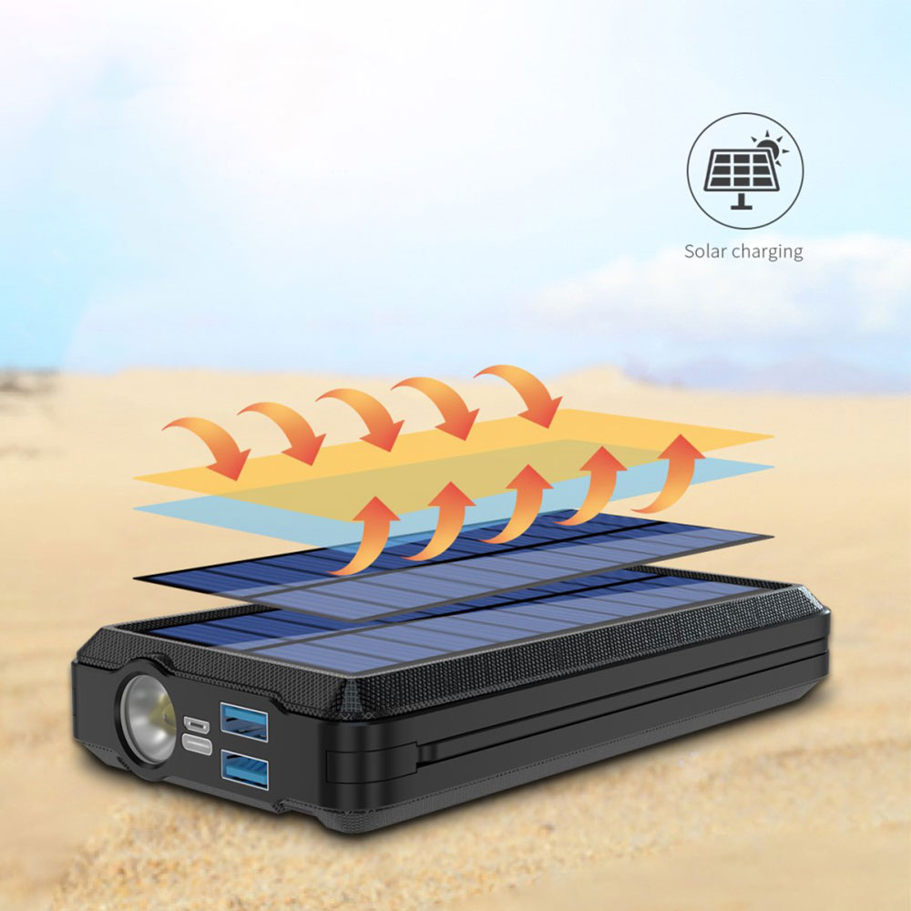 4in1 24000mAh Outdoor Qi Wireless Charger USB Solar Powerbank USB C / Micro USB / Lightning mit Taschenlampe (IP66) - Schwarz