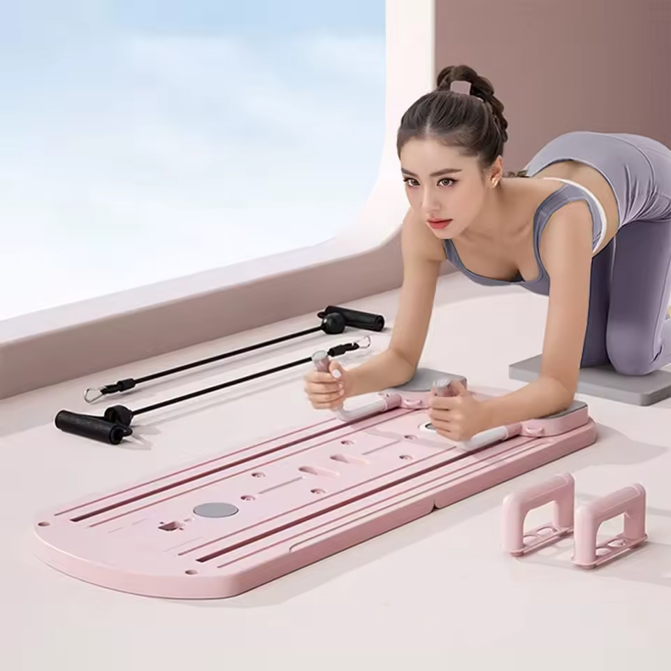 Multifunktionales Fitness Brett Pilates Reformer Board Faltbares Home Workout Sport Gerät inkl. Timer / Kniematte - Schwarz