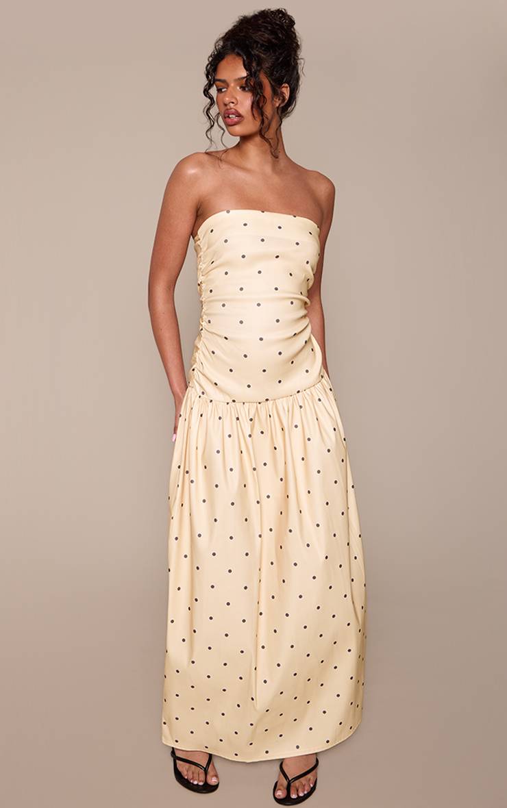 Citron Robe Longue Bandeau Froncée En Tissu Tissé Extensible À Pois