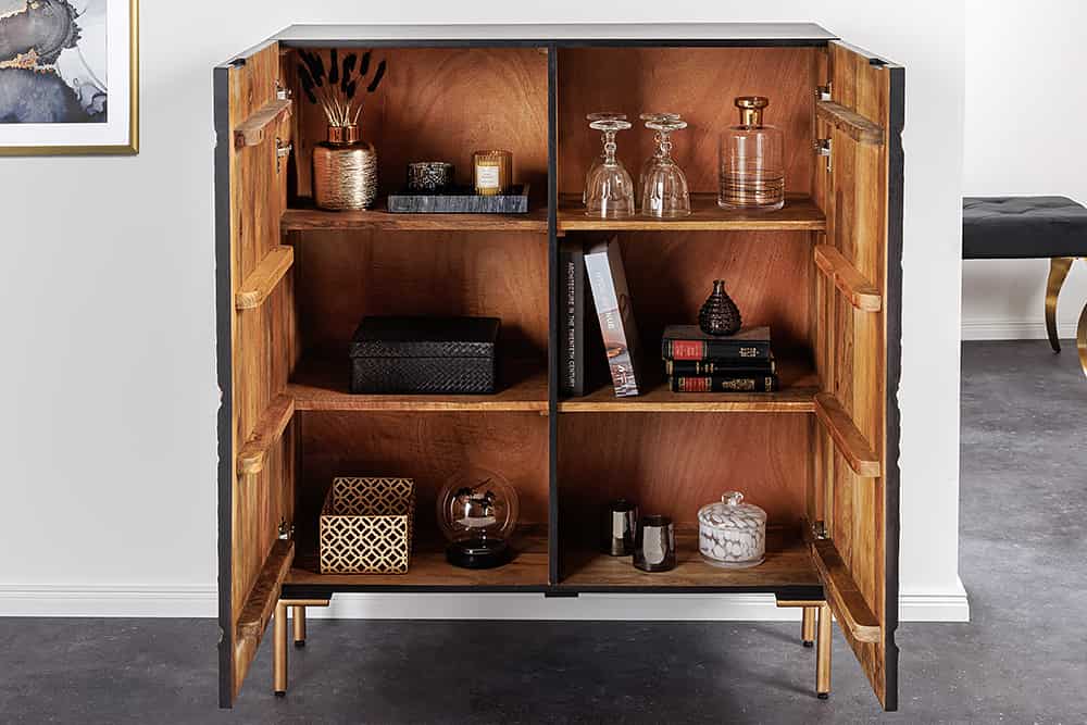 Massivholz Highboard THE CIRCLE 120cm schwarz gold Mango Metall Retro