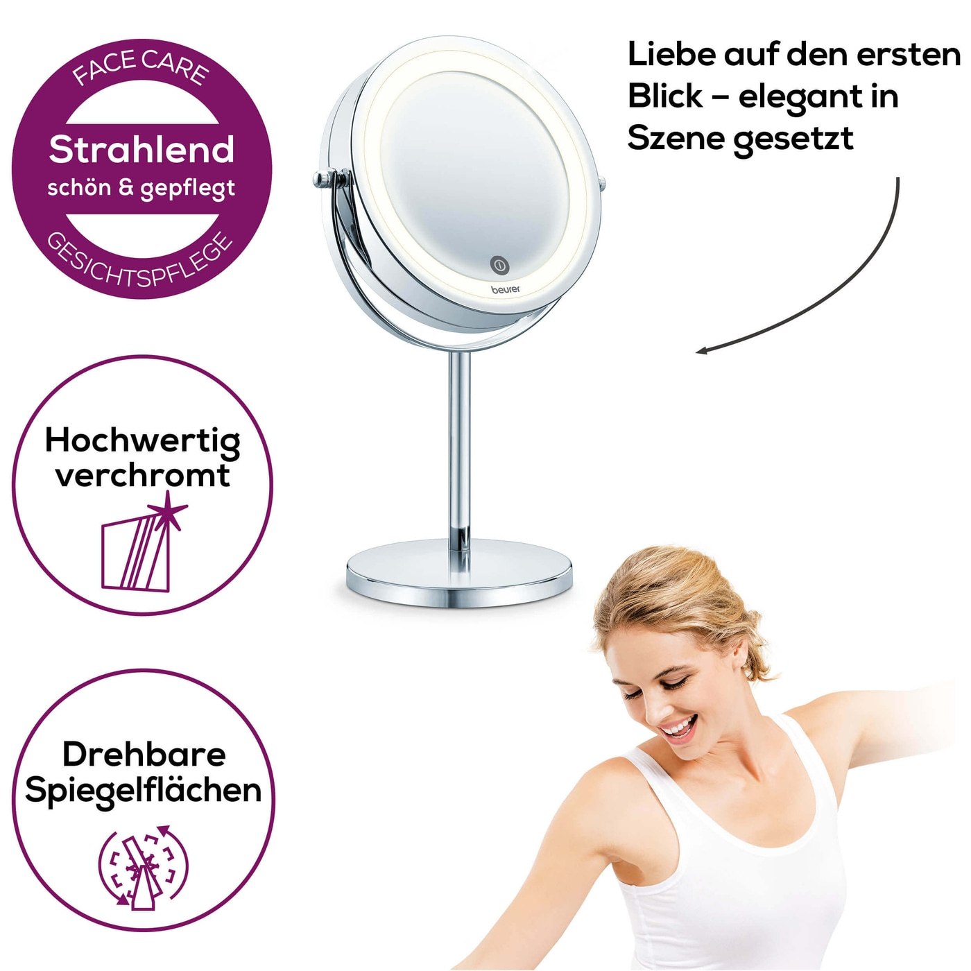 BS 55 Beleuchteter Kosmetikspiegel LED Standspiegel Doppelseitig Batteriebetrieben (65486) - Weiss / Silber