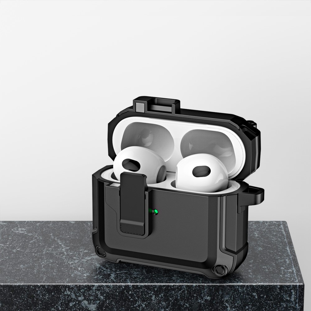 AirPods (3. Generation) Hybrid Hardcase Schutzhülle mit Verschluss   Karabinerhaken - Schwarz / Grau