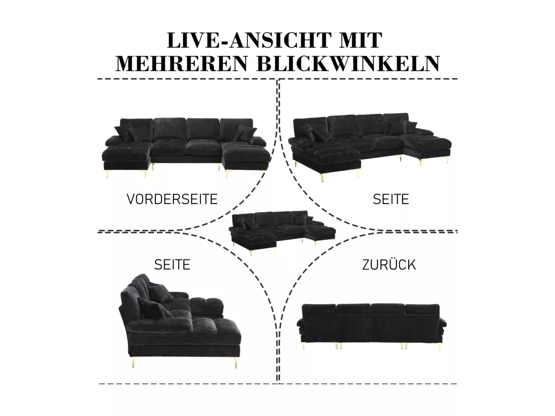 Canapé d'angle 4 places, 272x136x88cm,Grand canapé en forme de U, moderne, en tissu chenille, noir