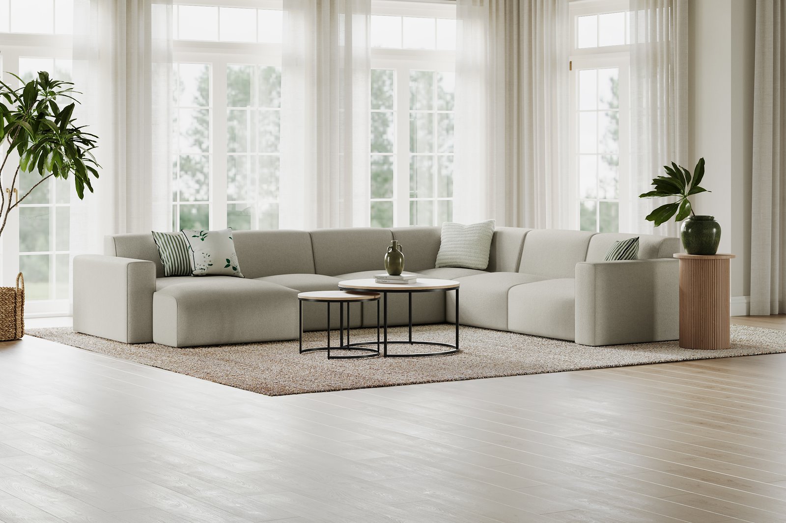 Styl U-sofa Sjeselong venstre, 2-seter og 2-seter høyre. Tekstil Brooklyn 14 Latte med sorte ben.
