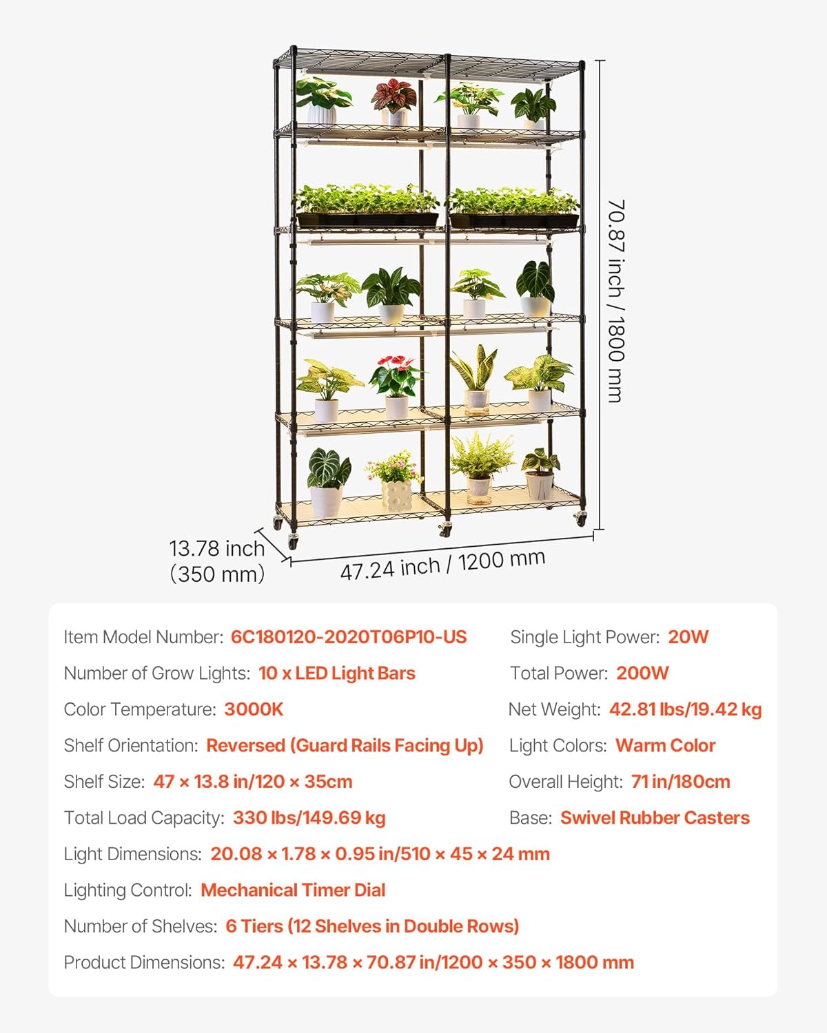 VEVOR Pflanzenregal mit Wachstumslicht, 6-stufiger doppelreihiger Pflanzenständer für Zimmerpflanzen mit Rädern & Timer, 200-W-Vollspektrum-Lichter, Blumenregal für Samenanzucht, 120x35x180cm