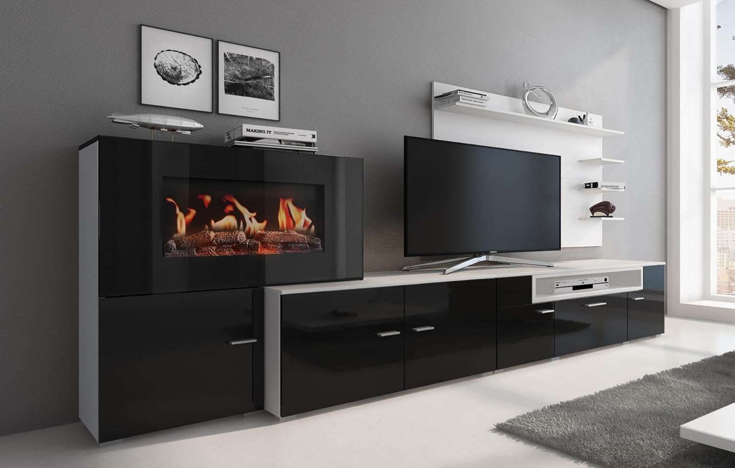 Skraut Home – Wohnzimmermöbel mit elektrischem Kamin – 170 x 290 x 45 cm – LED-Beleuchtungssystem mit Flammeneffekt – neues Olympo-Modell – moderner Stil – Ausführung in Weiß/Schwarz