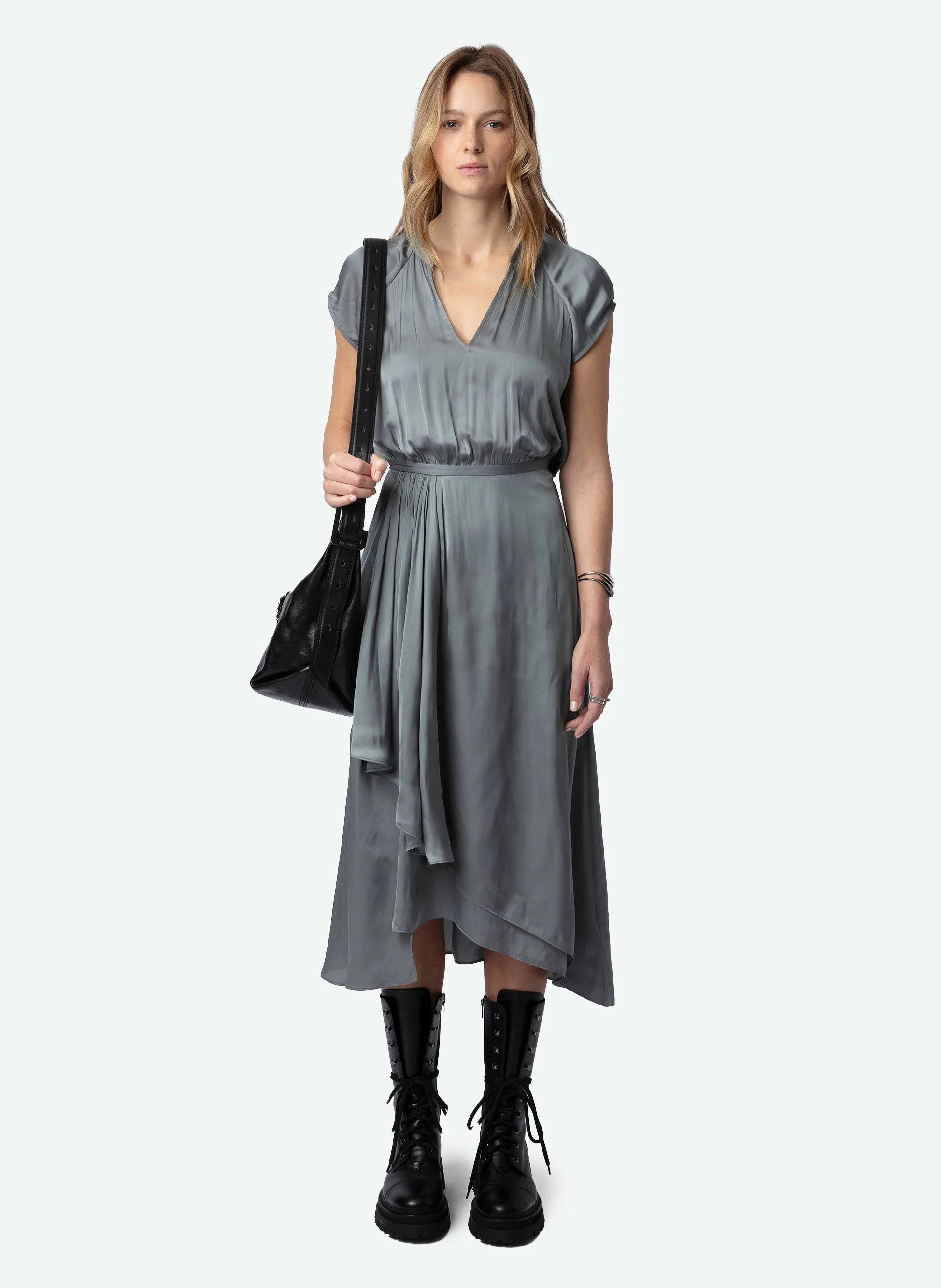 RANDALL - Robe midi col tunisien en satin| Gris