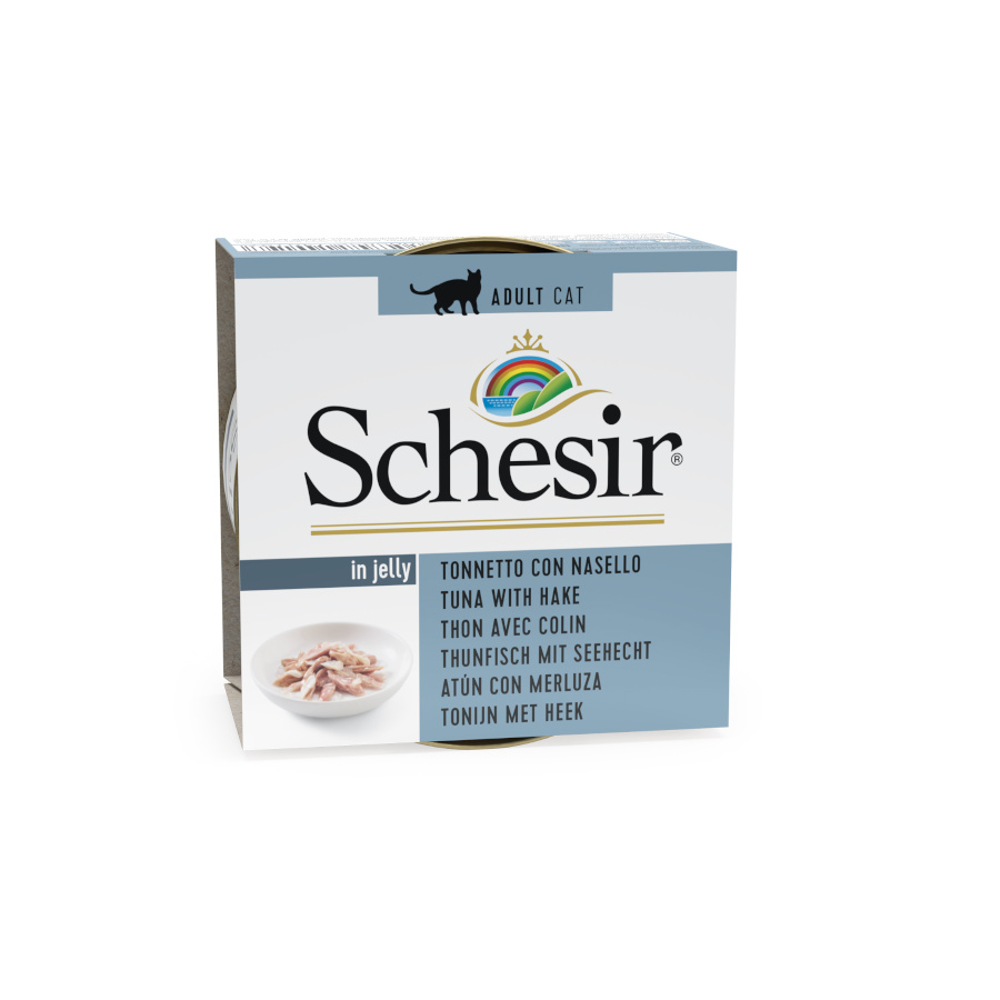 Lata de 85g de atum e pescada em gelatina Schesir para gatos adultos.