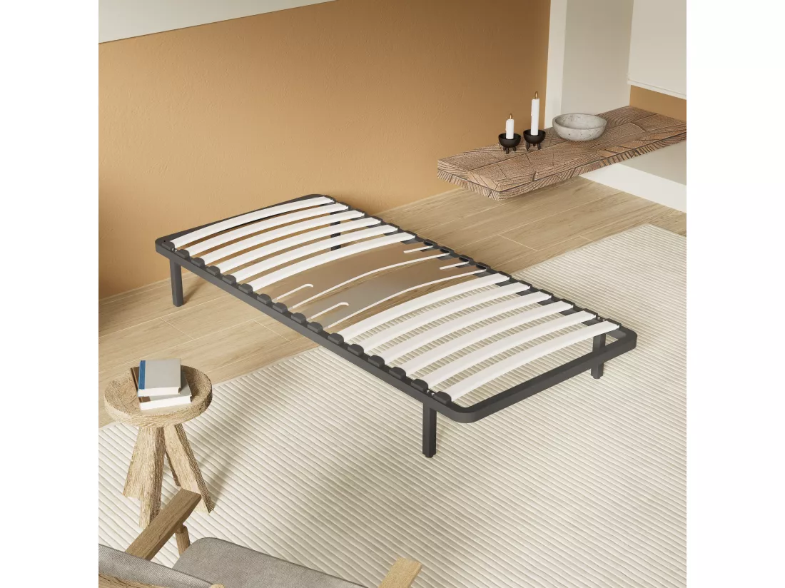 Cadre à lattes en bois 120x190 cm – cadre en acier et lattes en bois – 7 pieds hauteur 25cm – renfort lombaire