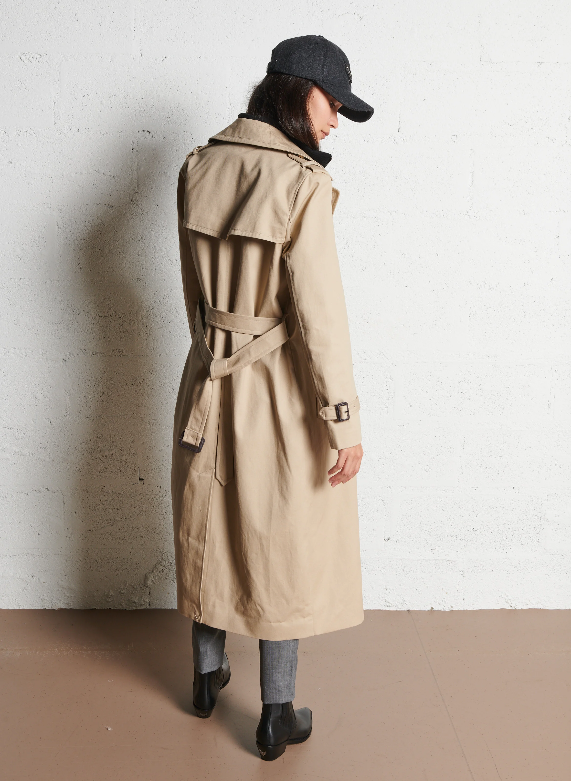 Trench long double col en coton mélangé | Beige