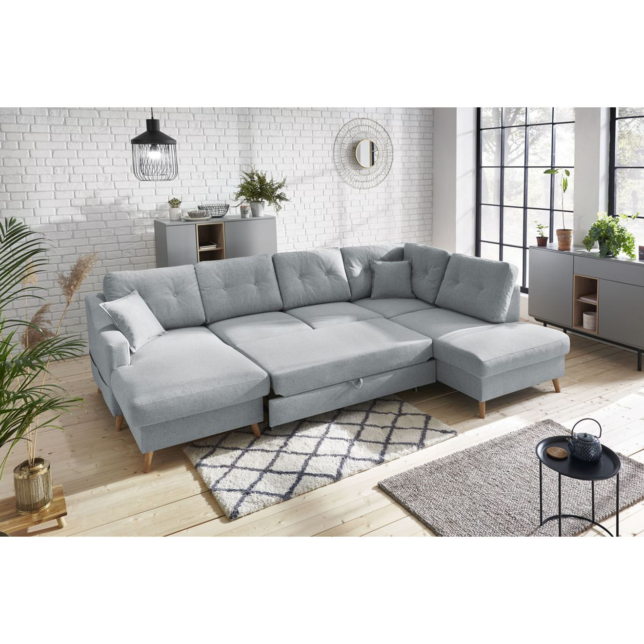 Bobochic Canapé d'angle panoramique convertible gauche Sweden gris clair - 300x149/90/198x95 cm
