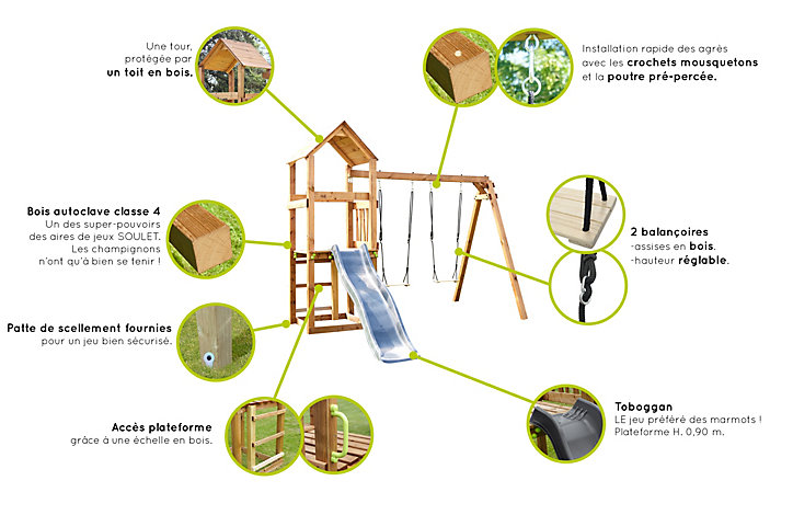 Aire de jeux en bois avec balançoire et toboggan – Nouméa