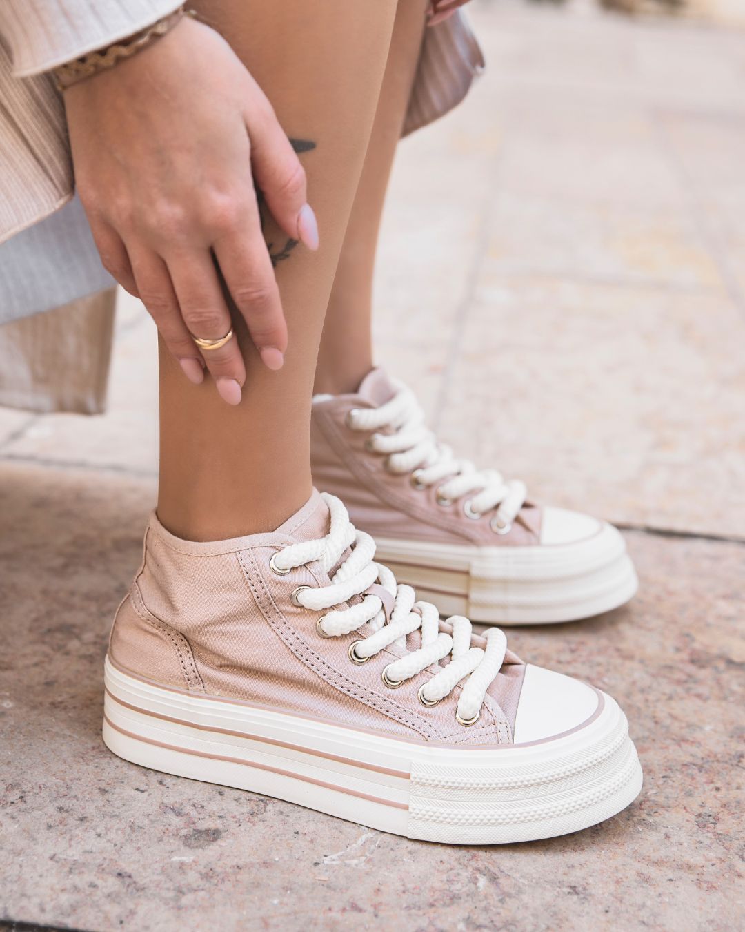 Basket femme beige montante en toile - Maeve