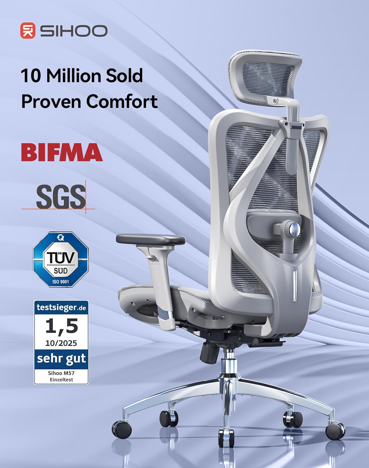 SIHOO M57 Ergonomischer Bürostuhl mit 3-Wege-Armlehnen, Lendenwirbelstütze und Verstellbarer Kopfstütze Hohe Rückenlehne Neigungsfunktion IL0171674