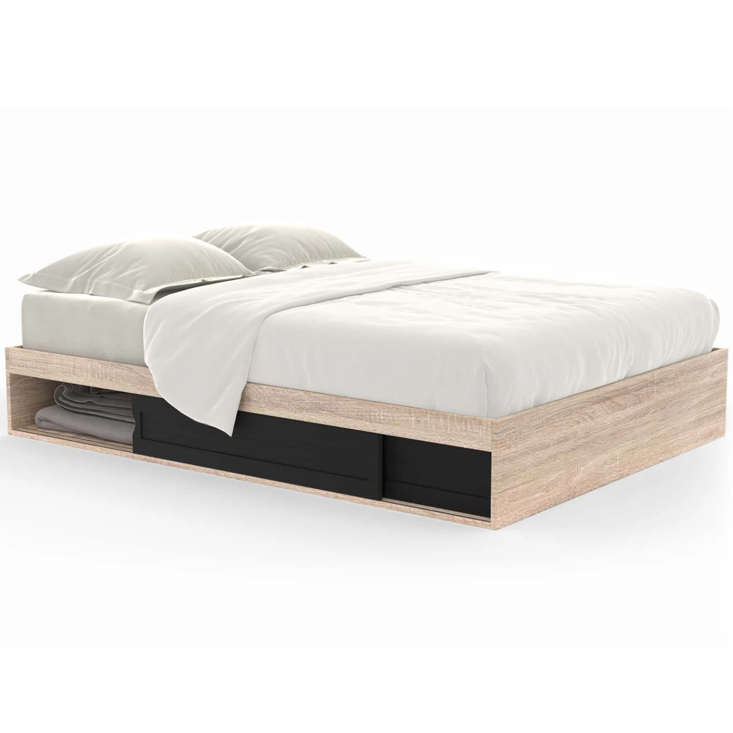 Cadre de lit double SALEM avec rangements et sommier 140 x 190 cm façon hêtre et noir