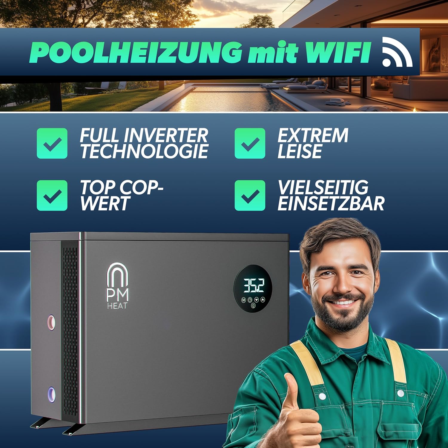 poolomio® Wärmepumpe Pool 50-80m³ | Effiziente Full Inverter Wärmepumpe Invermo 14 kW mit Smarter App-Steuerung | Ultra leise Poolheizung mit Smarter App-Steuerung (14.000 Watt, COP 15)