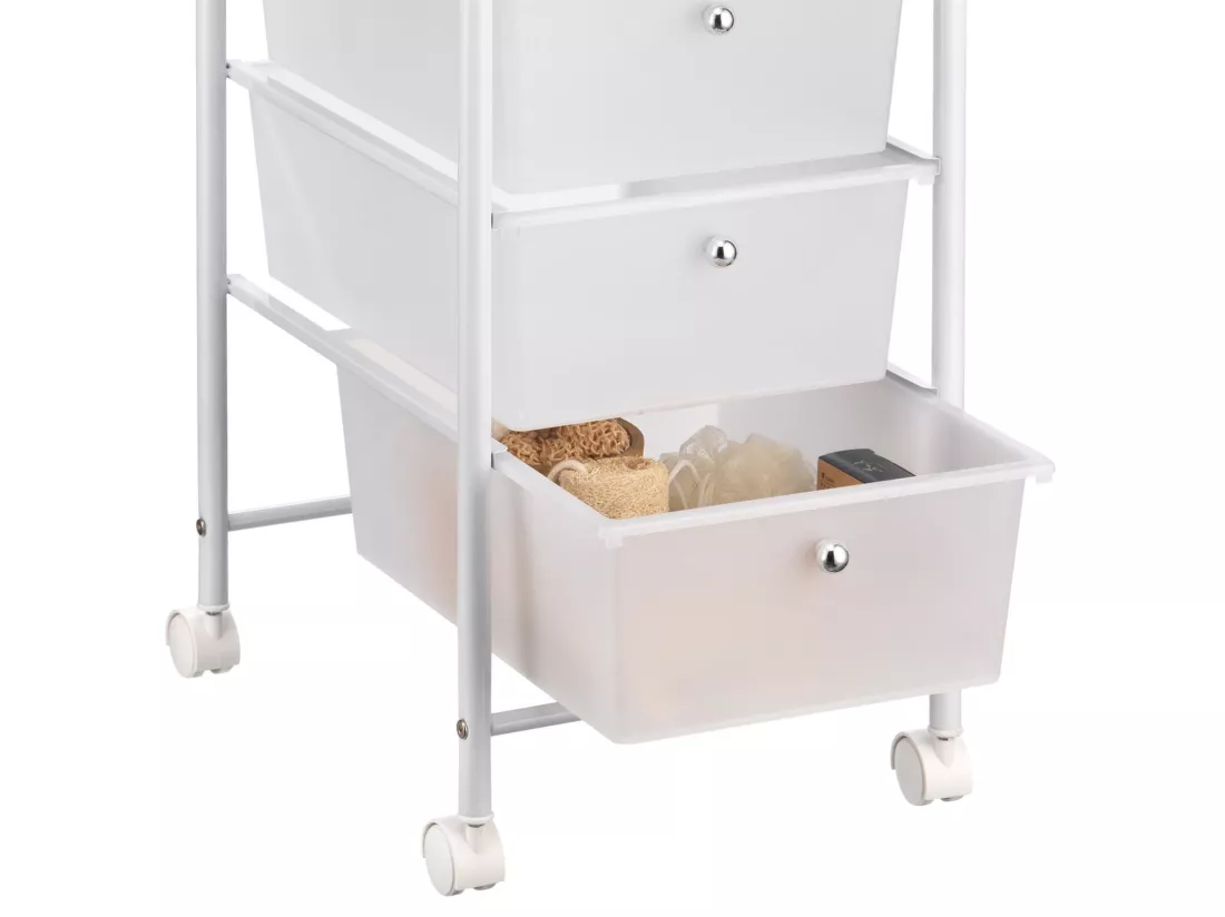 Caisson sur roulettes GINA chariot avec 3 tiroirs en plastique blanc transparent et 1 étagère, rangement salle de bain métal blanc
