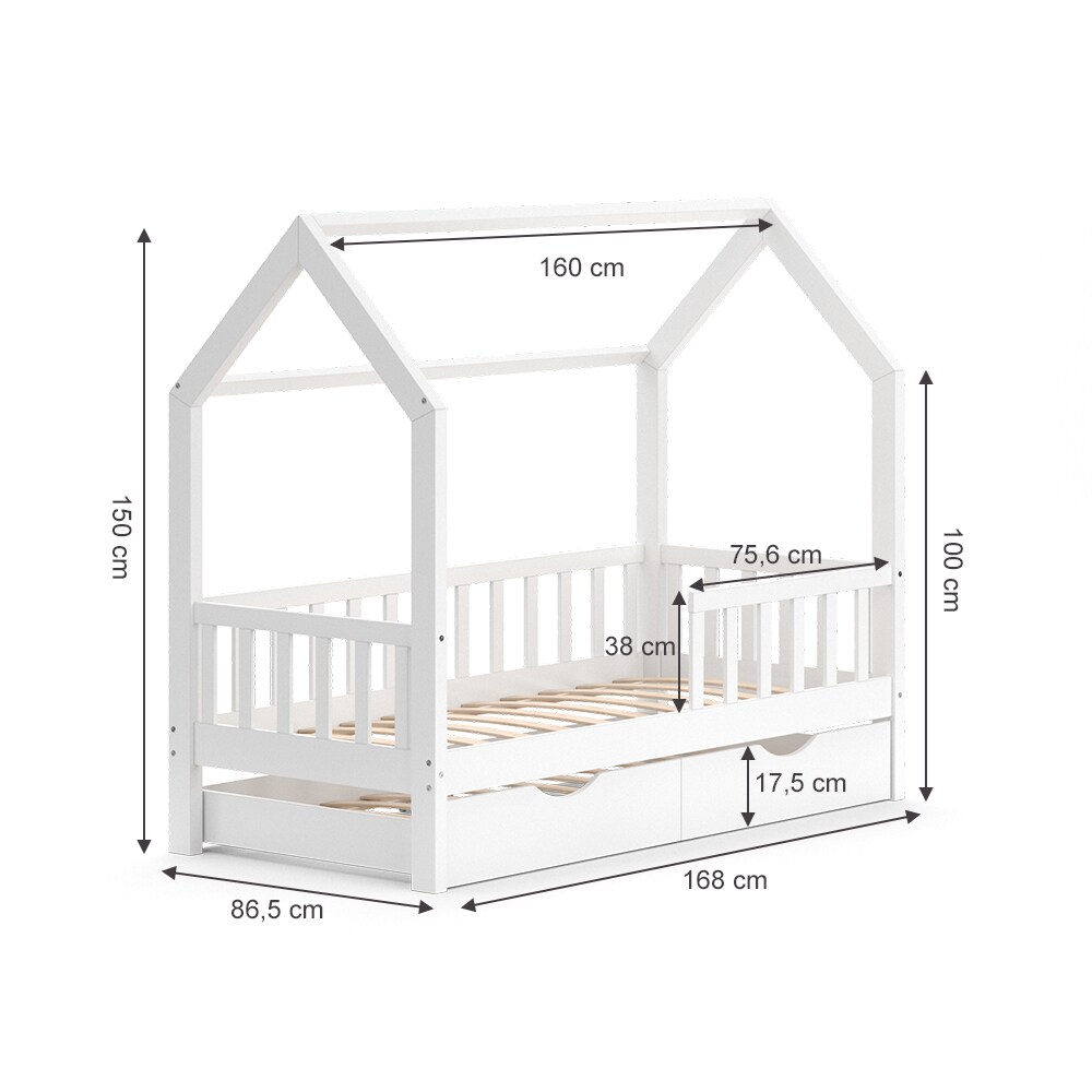 VitaliSpa Kinderbett Hausbett Gästebett Wiki Weiß 80x160cm Schublade Lattenrost
