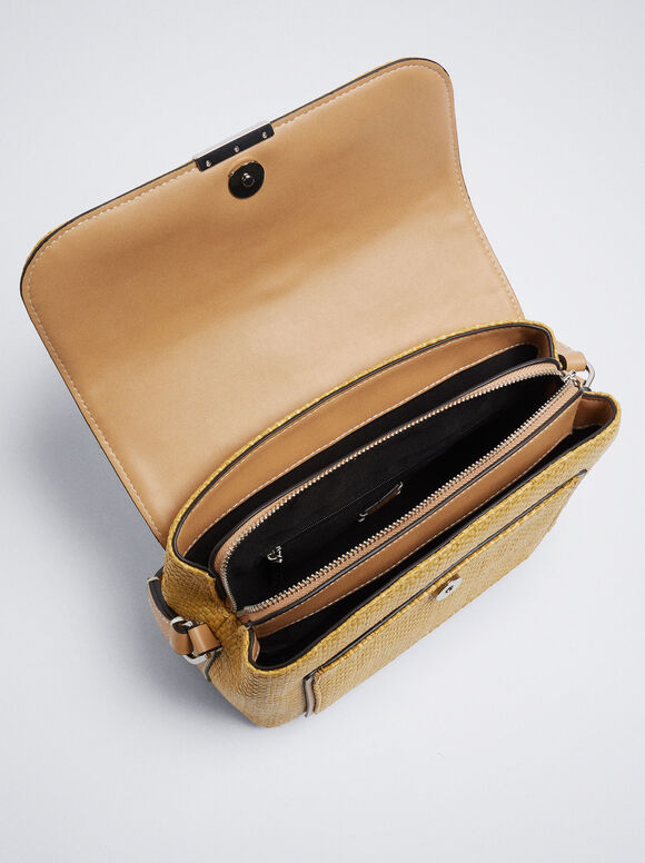 Bolsa transversal com efeito palha - Mostarda