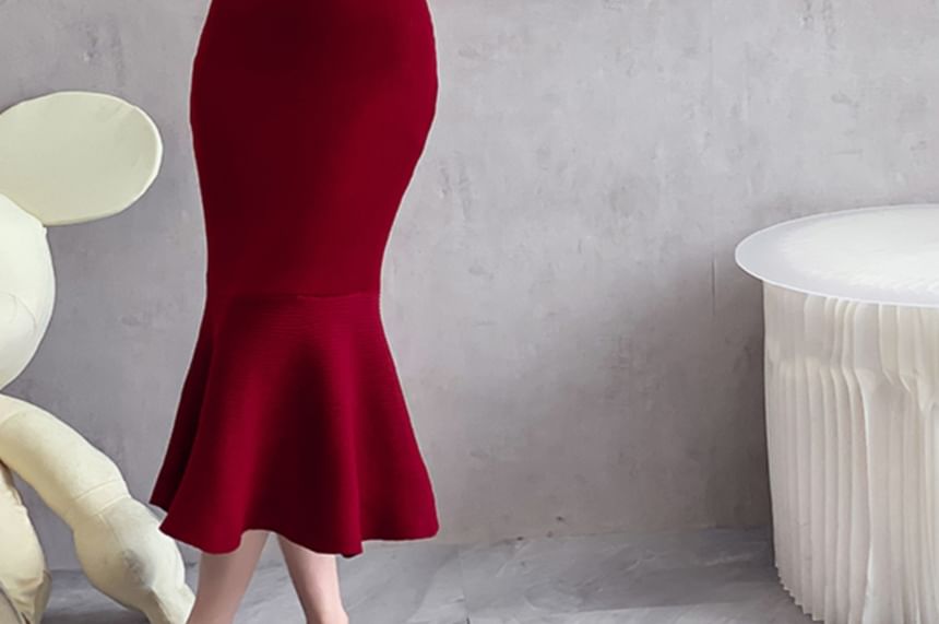 Dragan Pulse - Off-Shoulder Lange Mouw Effen Geribbelde Midi Gebreide Zeemeerminjurk
