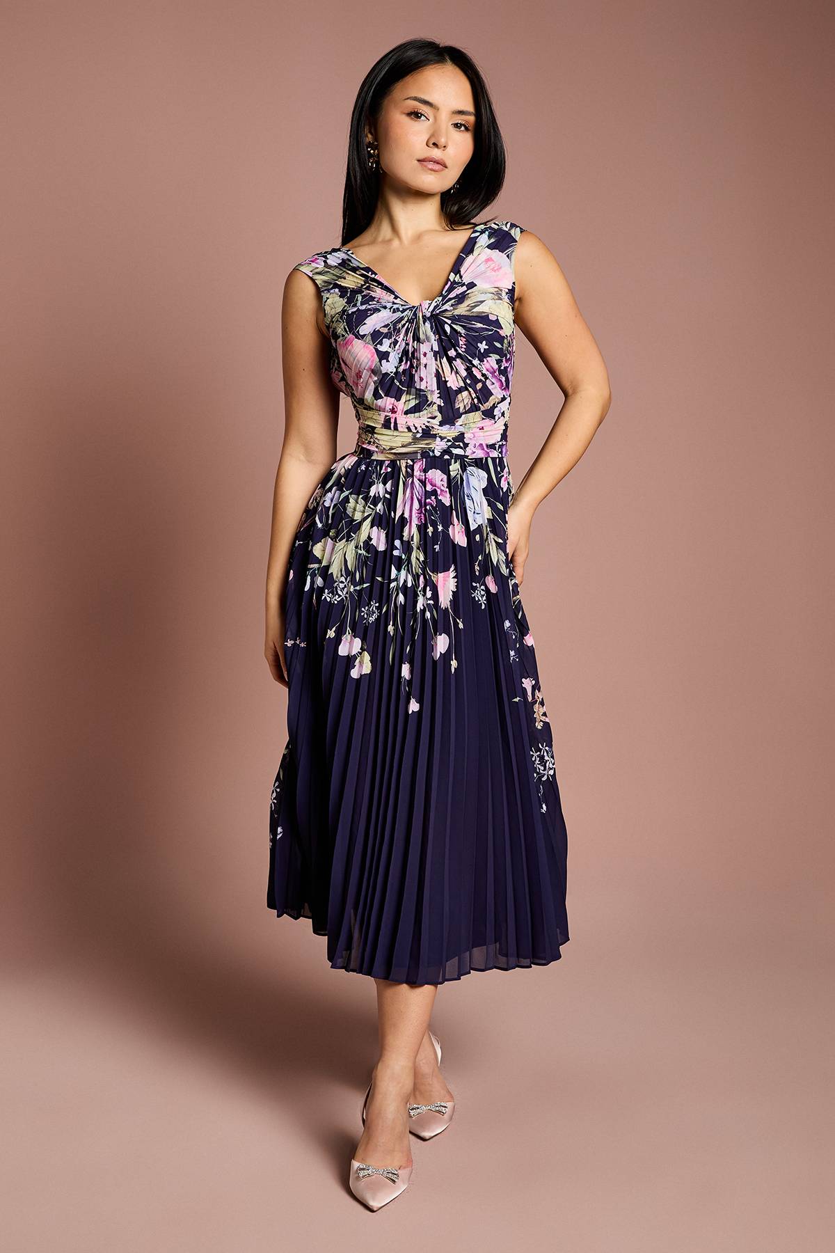 Coast Robe Midi Plissée à Imprimé Placement et Col V Petite Taille