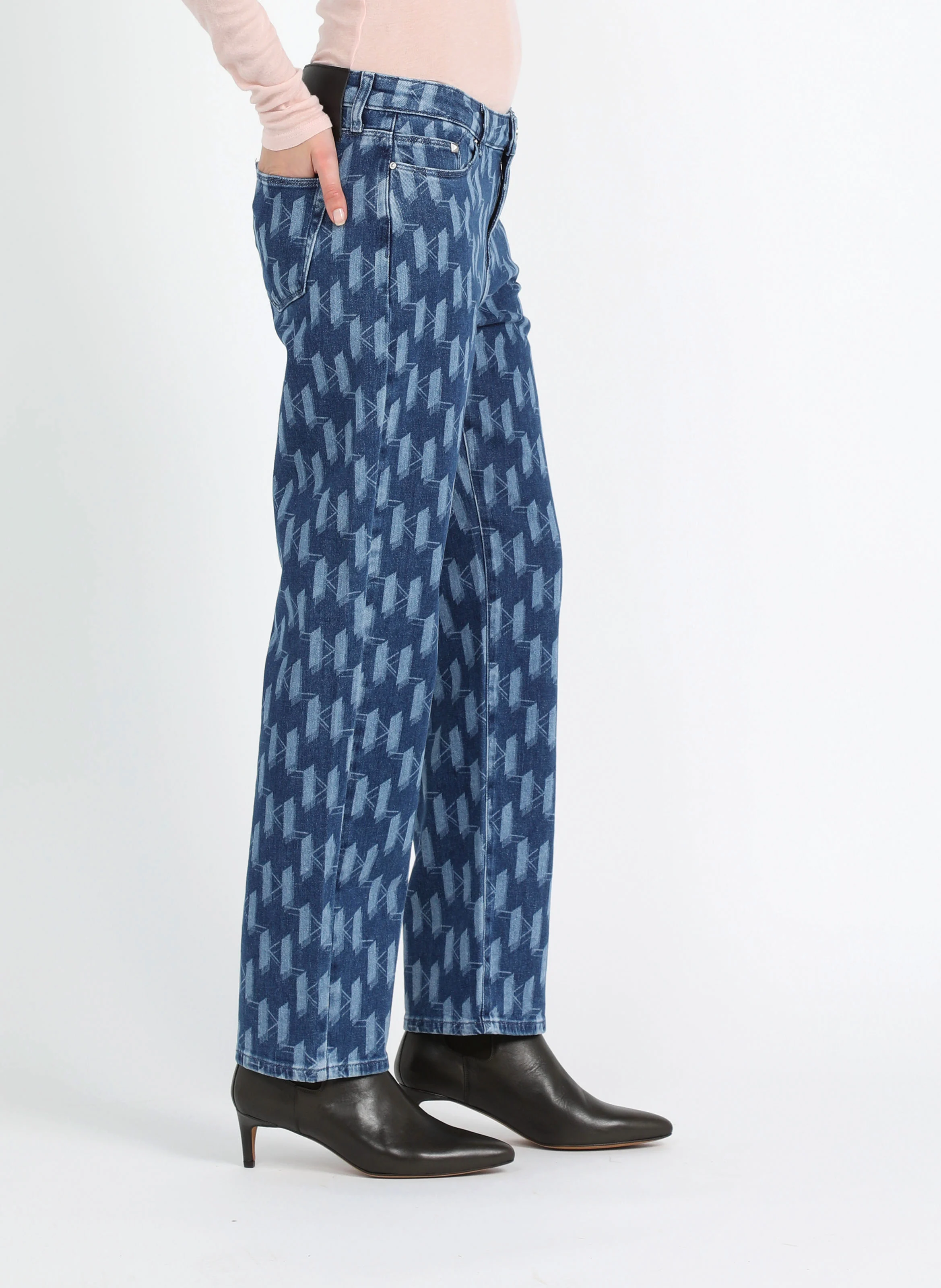 Jean droit à motif logotypé en coton| Bleu