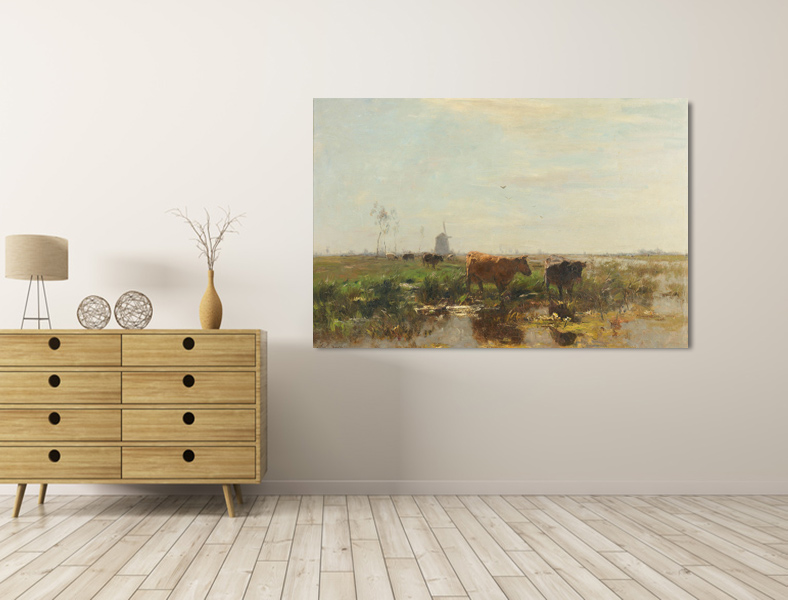 Canvas schilderij - Koeien in een weiland bij een sloot 80 x 60 cm