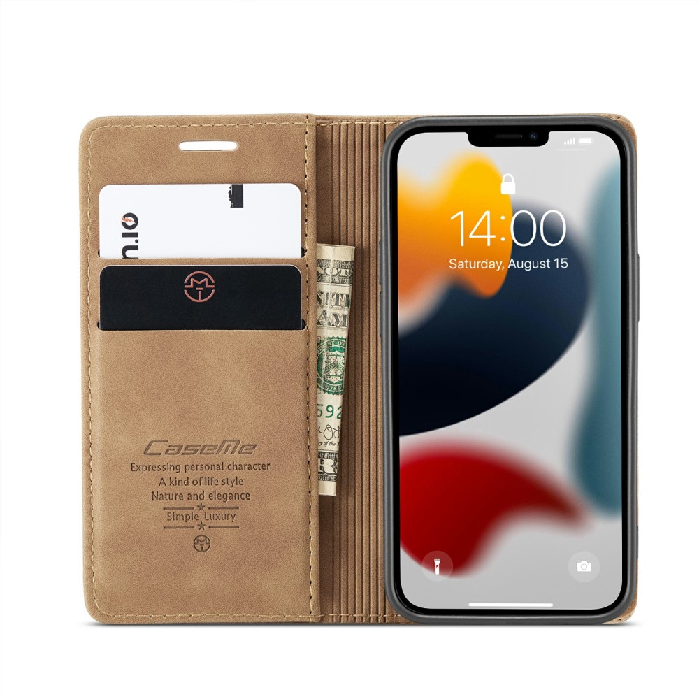 iPhone 13 Leder Tasche Flip Wallet Etui mit Kartenfächern - Hellbraun