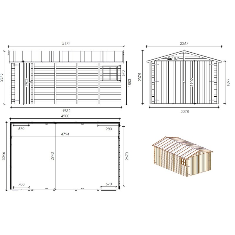 Garage en bois - 14,94m2 - 3,05x4,93m - ep. 18mm - couleur: naturel
