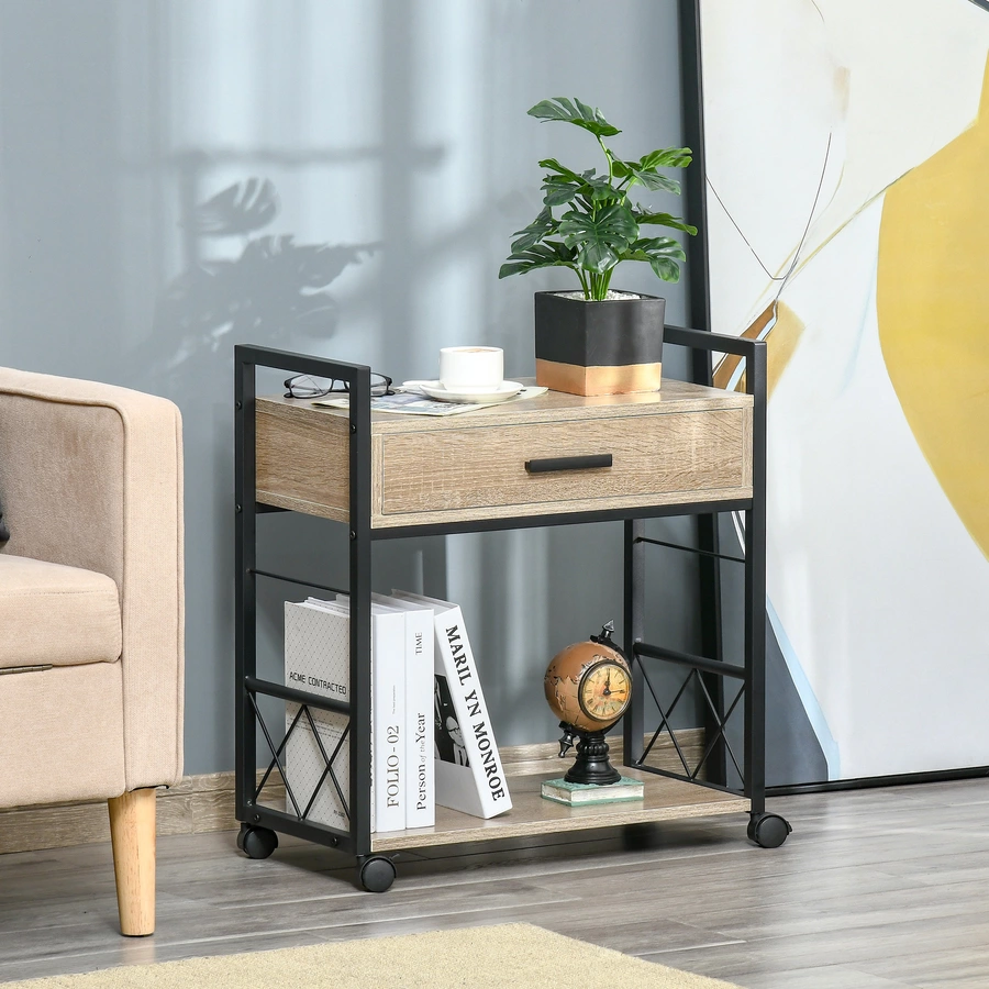 HOMCOM Mobiler Beistelltisch mit Schublade Eiche