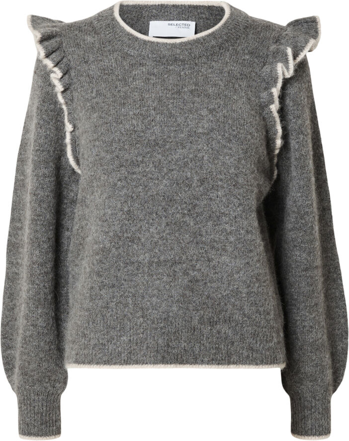 Selected Femme SLFALVA FRILLS LS ALPACA BLEND KNIT O-NECK Grå