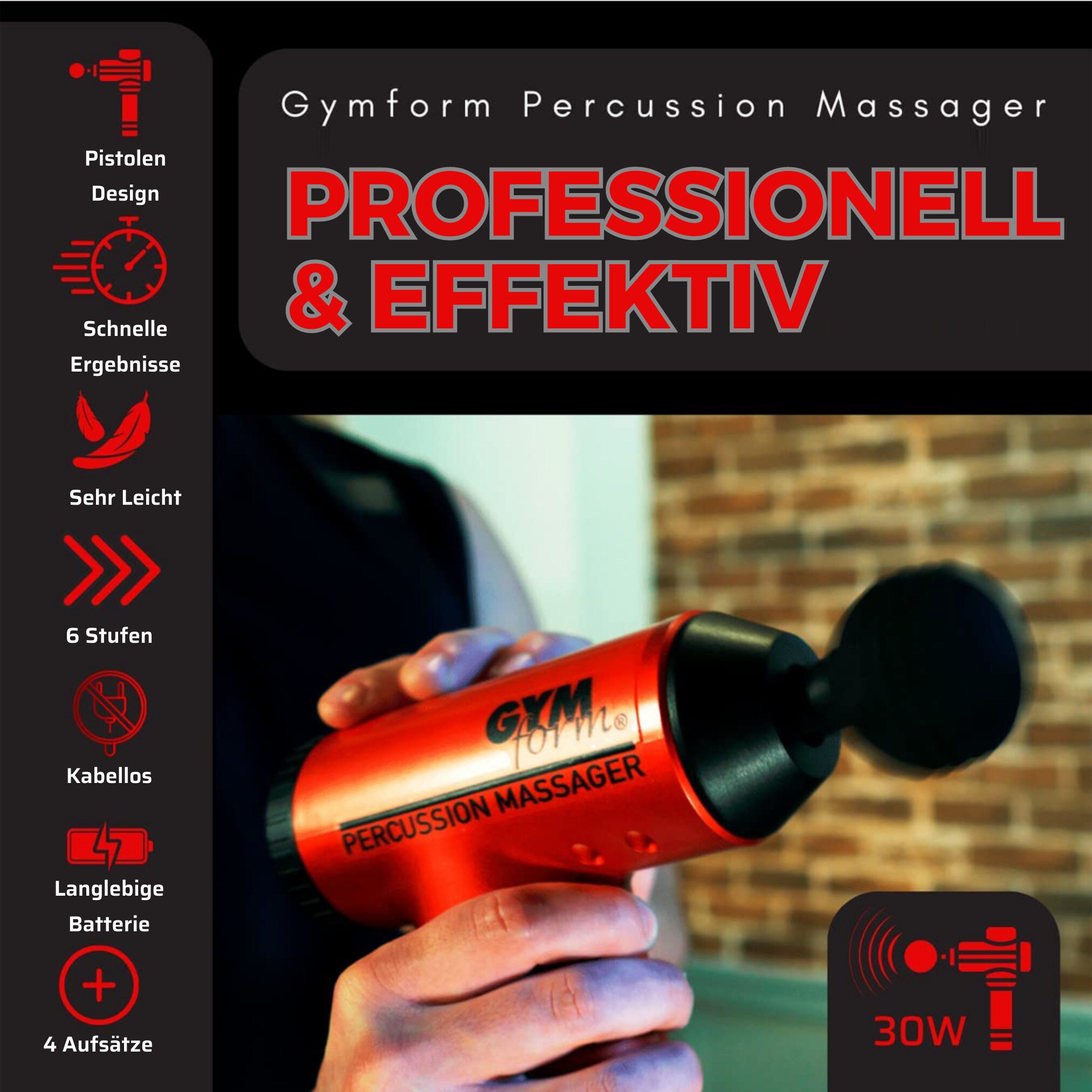 Gymform® Massagepistole Massage Gun mit 4 Massageköpfen Percussion Massager