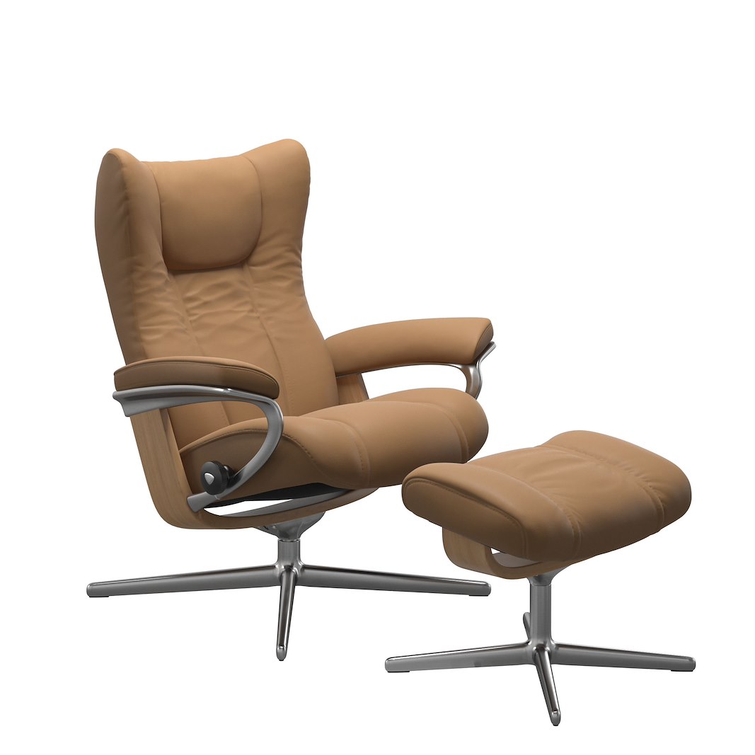 Wing (M) Cross lenestol med krakk Hud Paloma Spesial Taupe og Cross understell i eikbeiset og alu