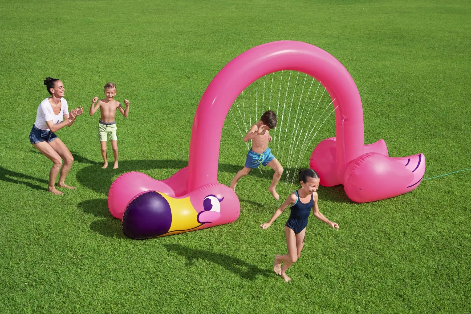 Arco de aspersor inflável gigante em forma de flamingo rosa da H2OGO! para crianças
