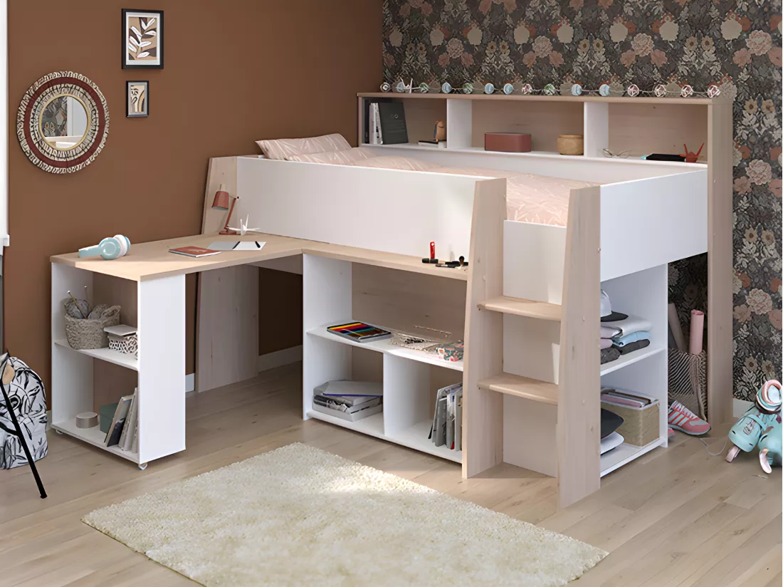 Lit combiné 90 x 200 cm avec bureau et rangements - Blanc et naturel + Matelas - APOLINO