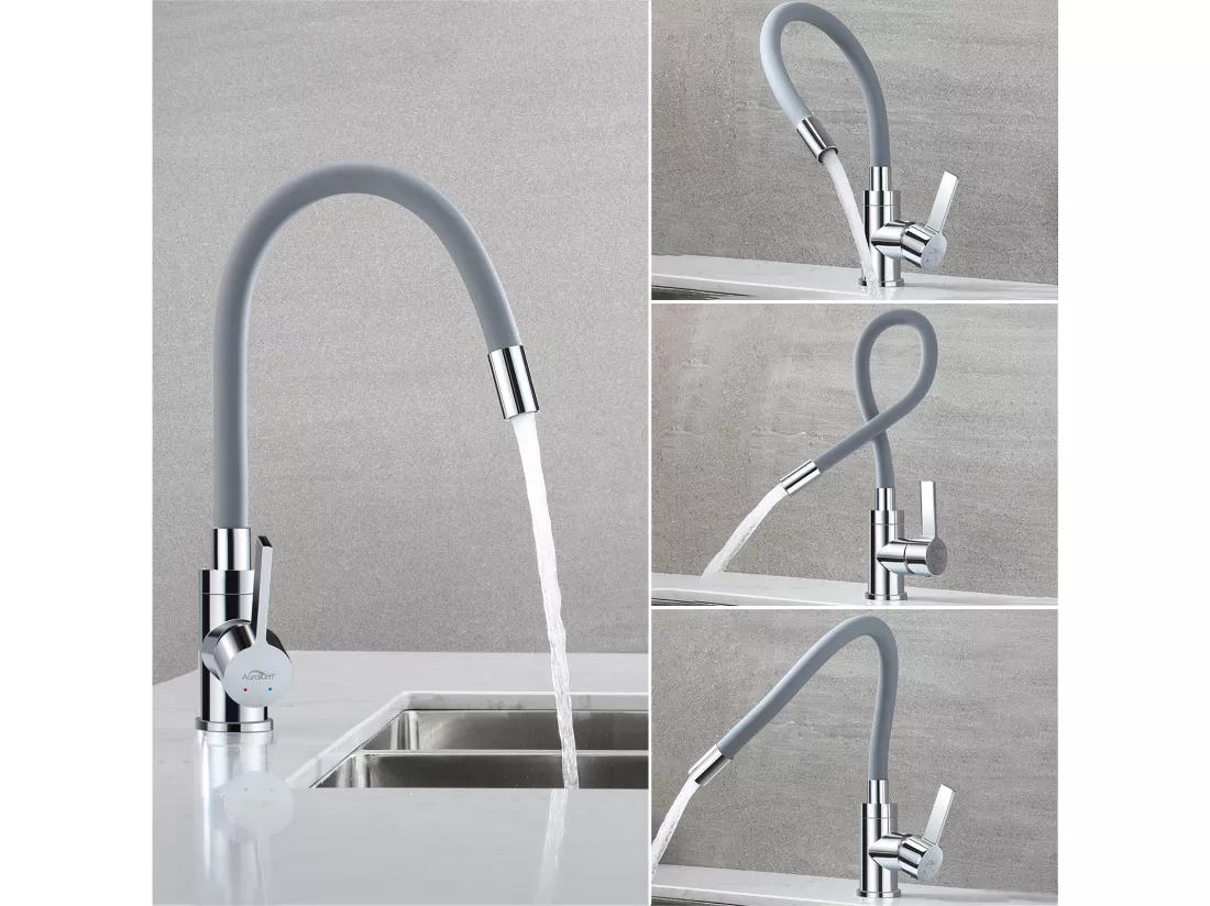 Auralum MAX Mitigeur Évier avec Bec Flexible, Robinet de Cuisine, Cuisine Mitigeur Flexible Rotative à 360°, Gris