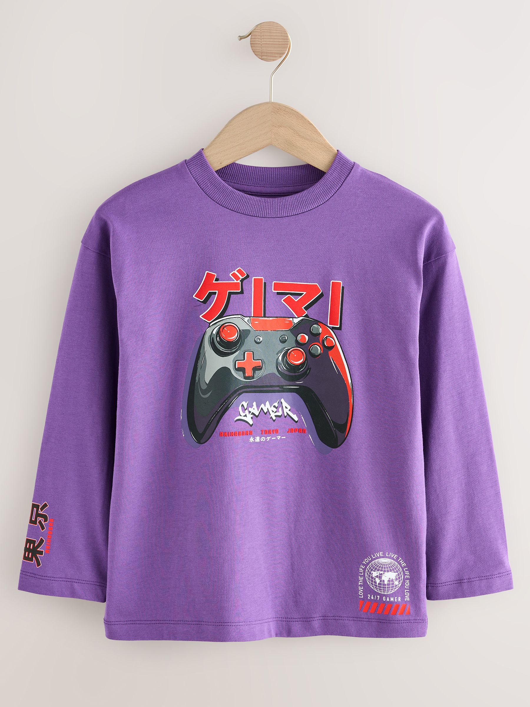 Zwart/Paars/Wit Gamer - 3 Relaxed Fit T-shirts met grafische print en lange mouwen (3-16jr)