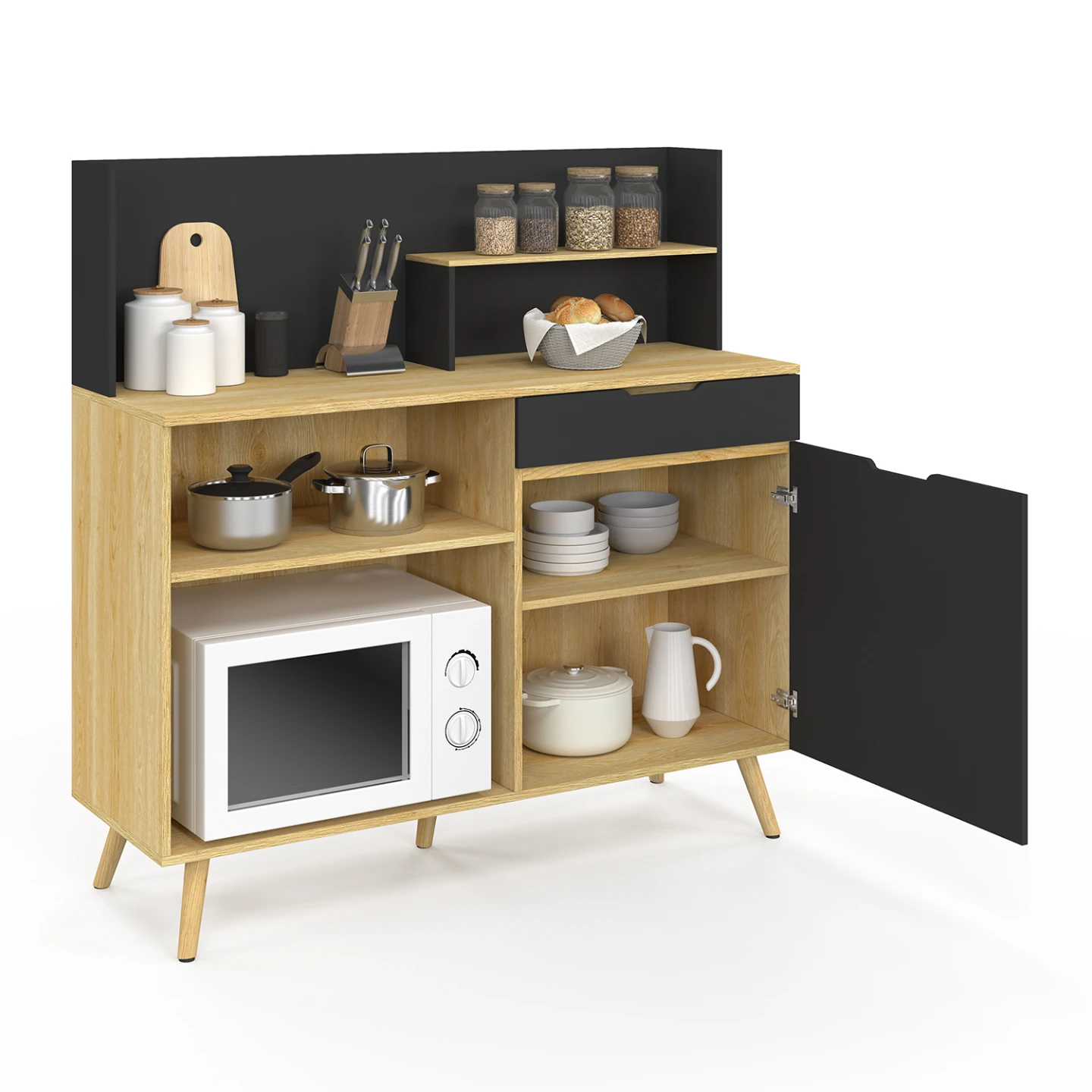 Buffet bas de cuisine 120 CM OLAF plan de travail H.83 cm 1 porte + 1 tiroir façon hêtre et noir
