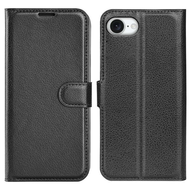 iPhone 16e Leder Tasche Flip Cover Litchi Look - Schwarz