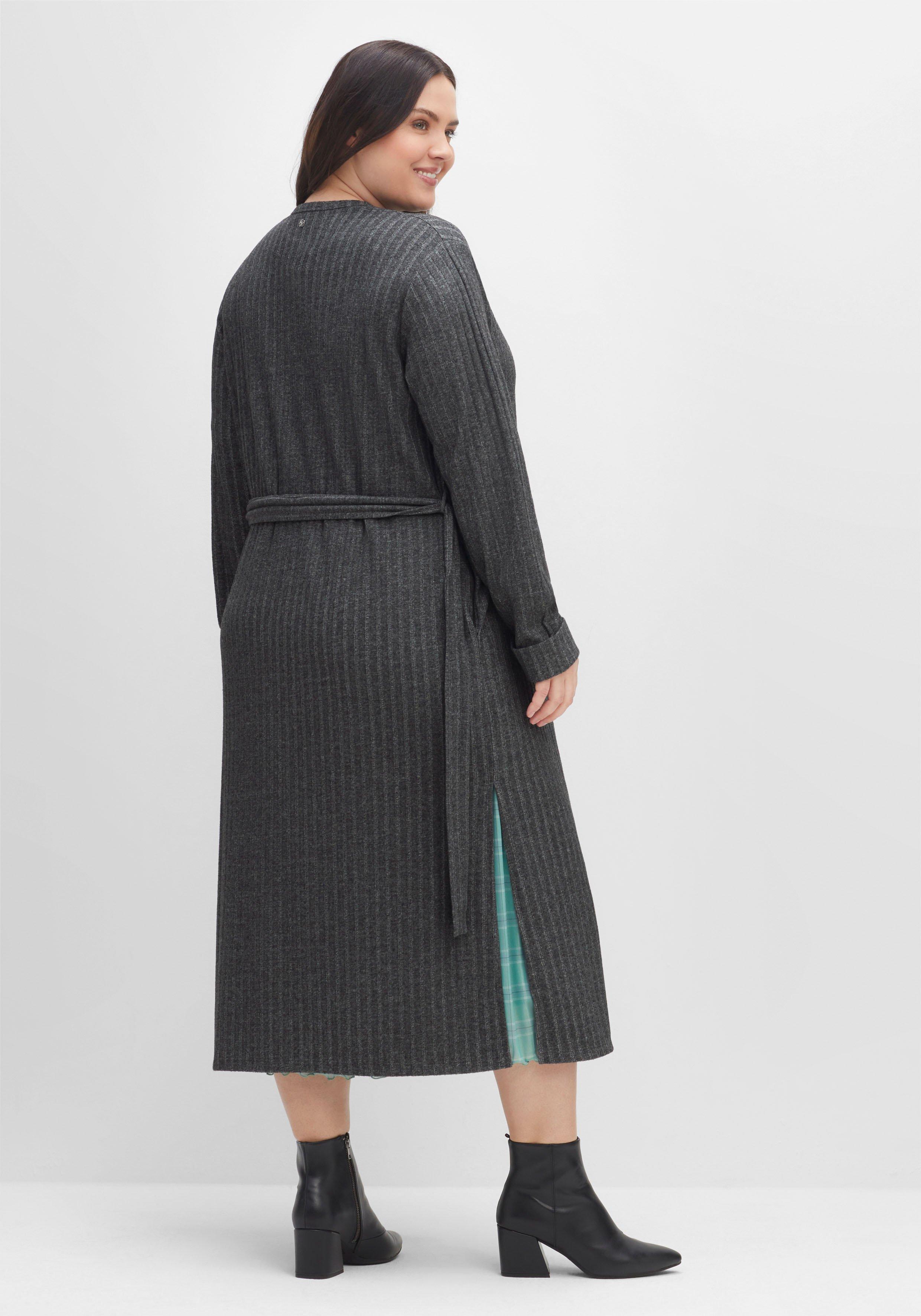 Longstrickjacke in Rippstruktur, mit Bindegürtel