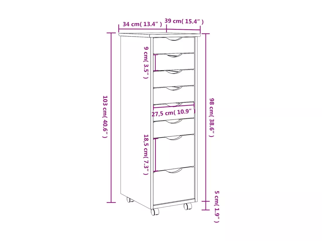Armoire roulante avec tiroirs MOSS blanc bois de pin solide
